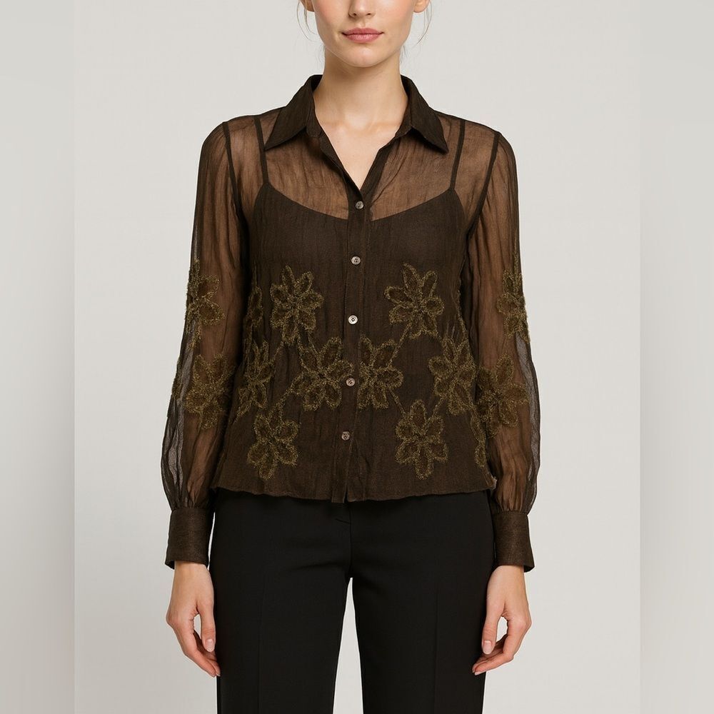 Worth Sheer Brown Silk Floral Embroidered Button Front Blouse XP